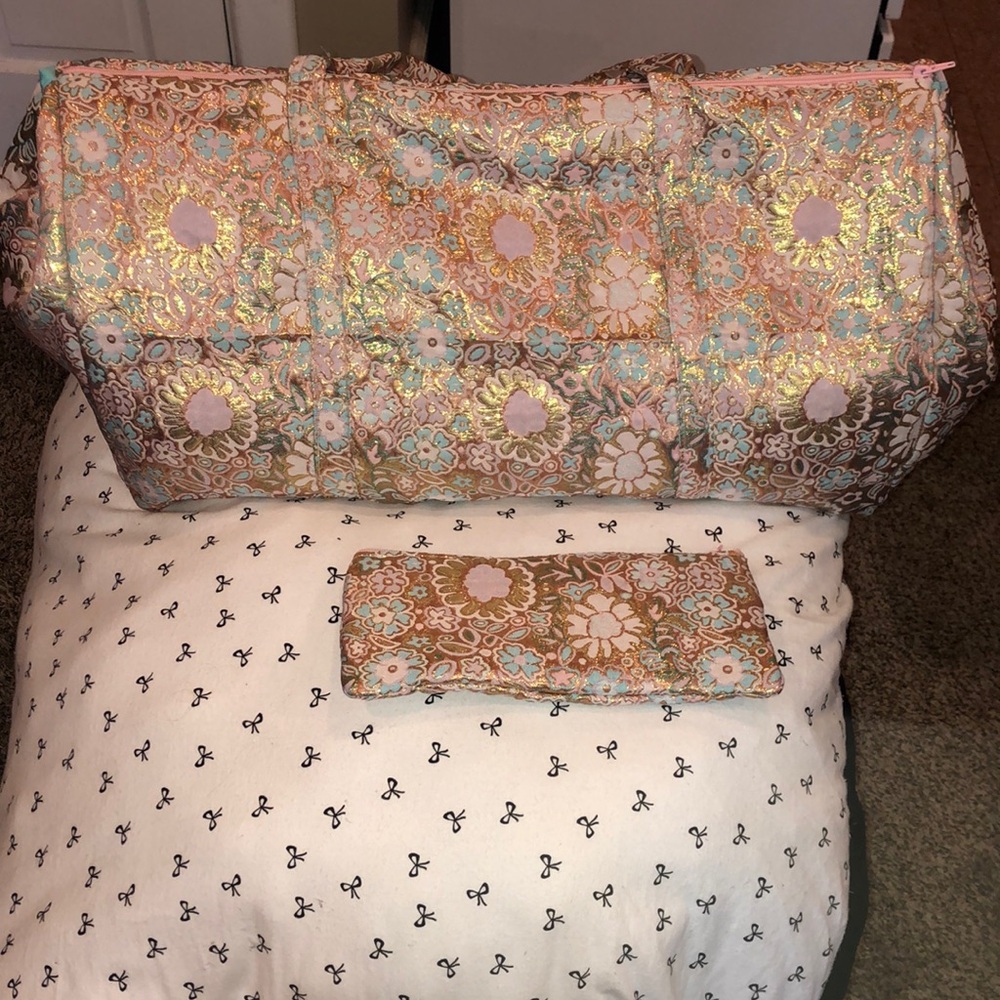 Golden Floral Pink and Blue Princess Duffle Bag and Clutch extra storage bag